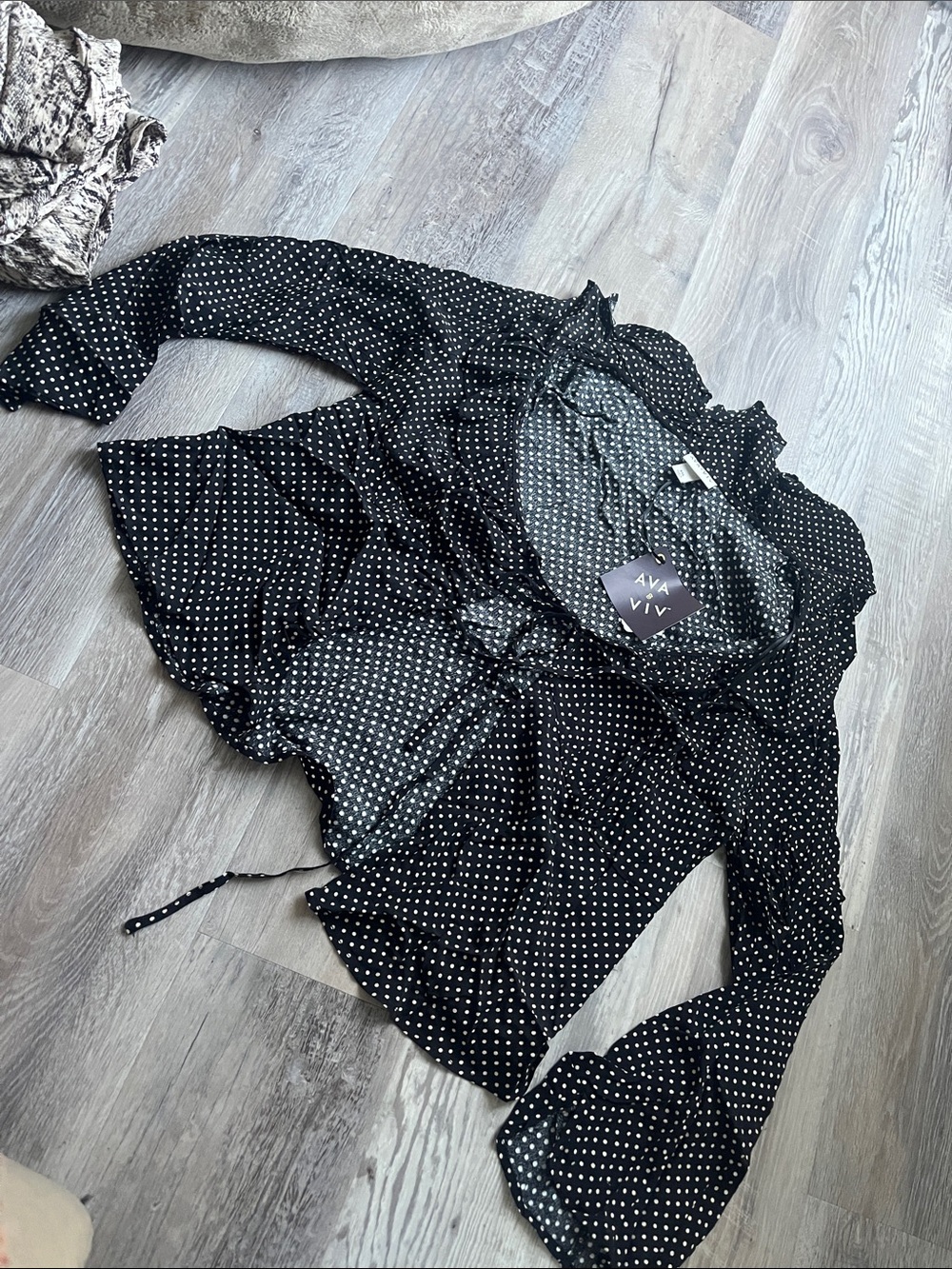 Ava & Viv Black Polka Dot Ruffle Tie-Front Blouse